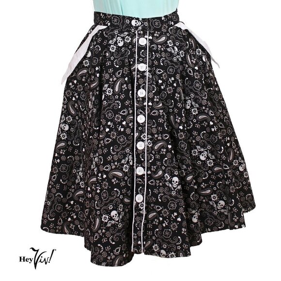 Hell Bunny Circle Skirt Black and White Skull Paisley Pattern Size S - Hey Viv - Picture 2 of 6